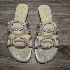 Jessica Simpson Demeer Rhinestone Sandal Champagne Metallic Flat Size 9